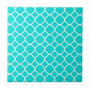 Bright Turquoise and White Quatrefoil Pattern Tile