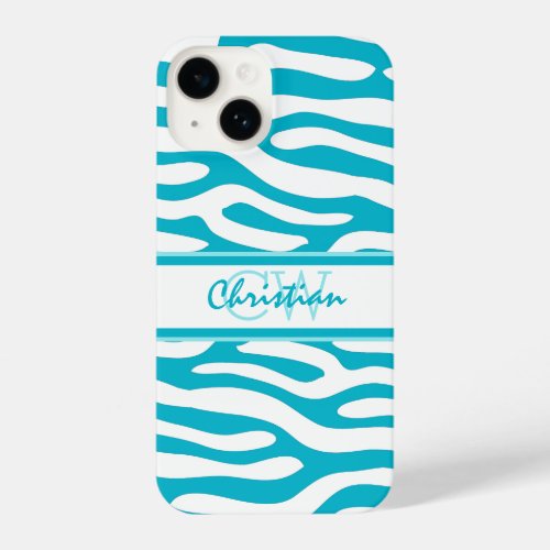 Bright Turquoise and White Tribal Pattern Monogram iPhone 14 Case