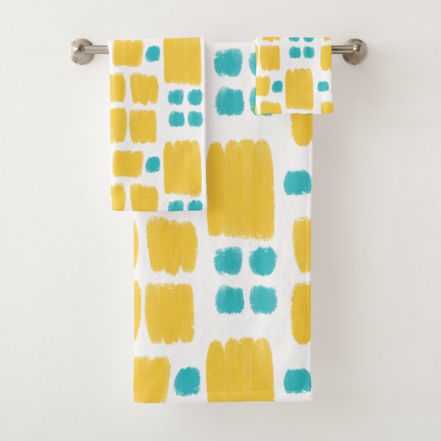 Bright Turquoise and Yellow painted shapes Bath Towel Set (Insitu)