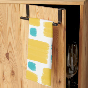 Bright Turquoise and Yellow painted shapes Kitchen Towel