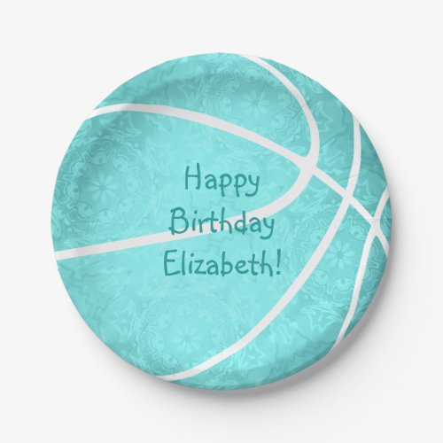 bright turquoise basketball birthday party paper plates