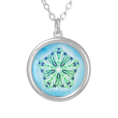 *~* Bright Turquoise Blue Star Mandala Silver Plated Necklace