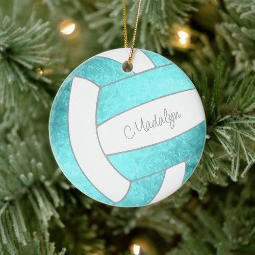 bright turquoise custom name keepsake volleyball ceramic ornament