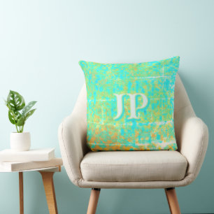 Bright Turquoise Distressed Ocean Texture Monogram Throw Pillow