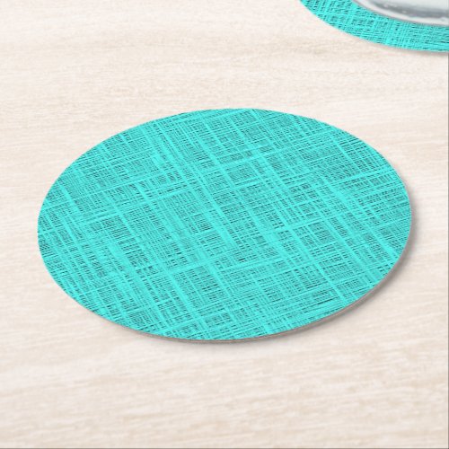 Bright Turquoise Faux Jute Textile Weave Pattern Round Paper Coaster