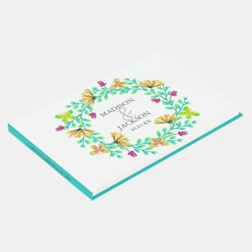 Bright Turquoise Floral Wreath Botanical Wedding Guest Book