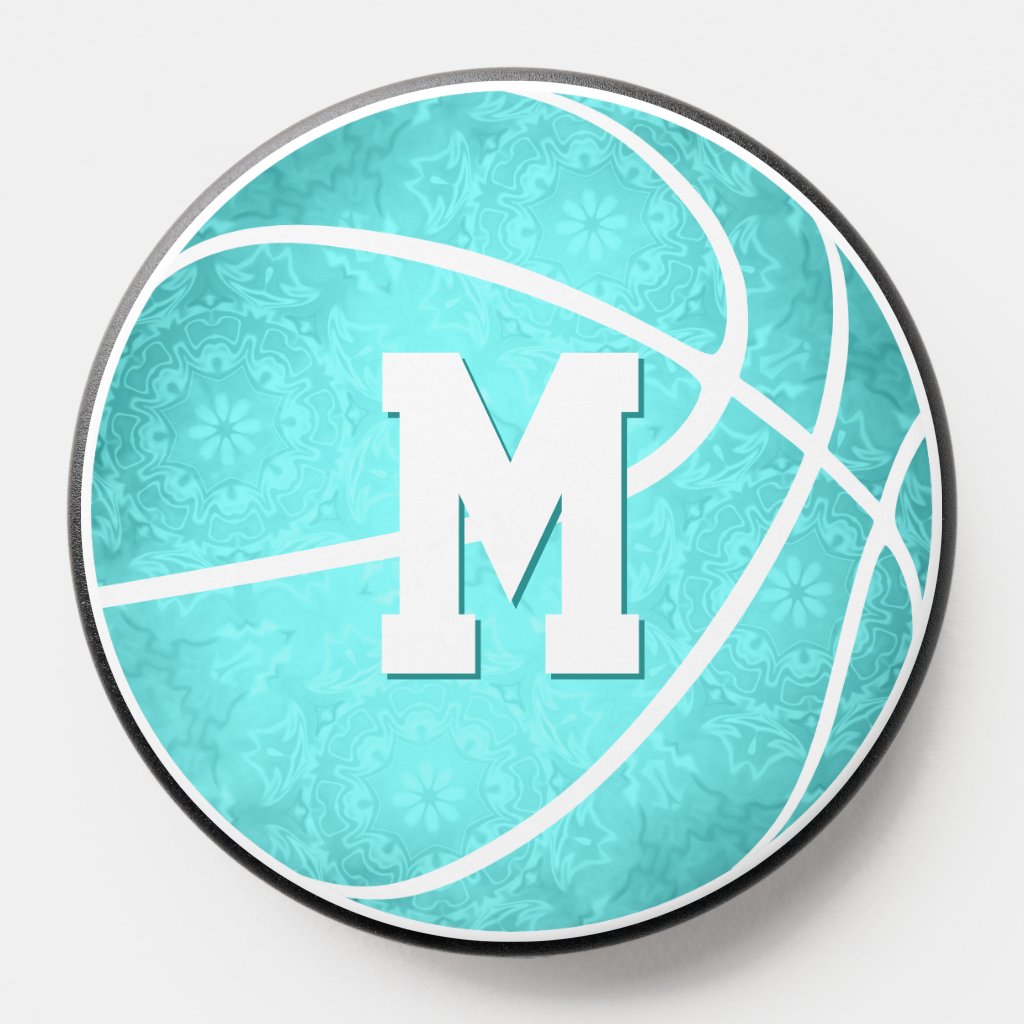 Bright turquoise girly basketball w monogram PopGrip