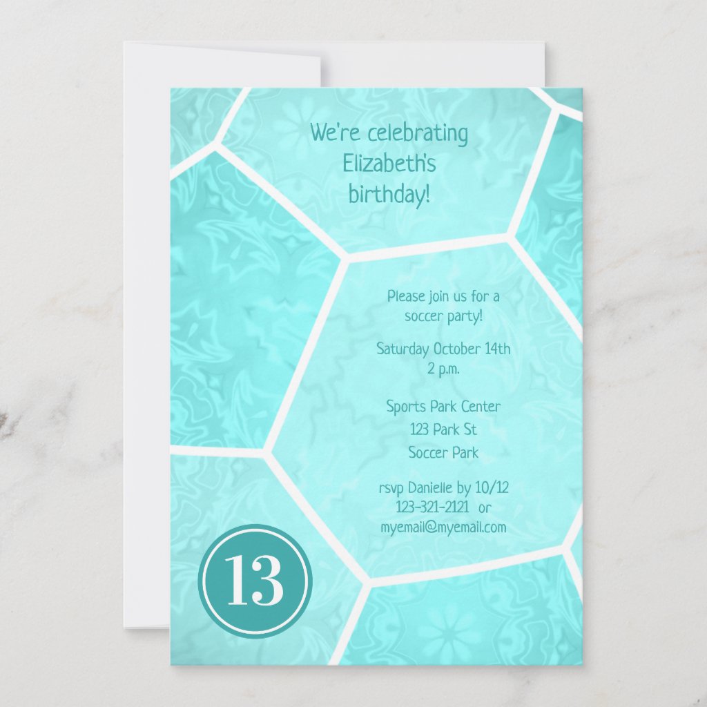 bright turquoise girly soccer birthday team party announcement