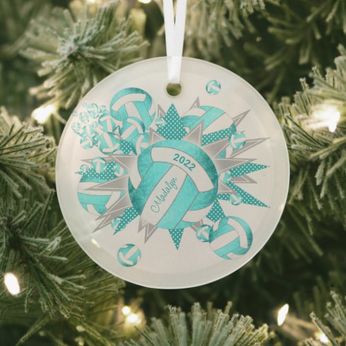 bright turquoise girly volleyballs and stars glass ornament