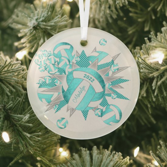 bright turquoise girly volleyballs and stars tree ornament