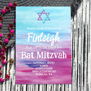 Bright Turquoise Hot Pink Glitter Star Bat Mitzvah Invitation