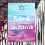 Bright Turquoise Hot Pink Glitter Star Bat Mitzvah Invitation