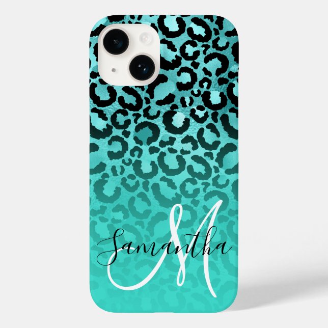 Bright Turquoise Leopard Ombre Monogram Case-Mate iPhone Case (Back)