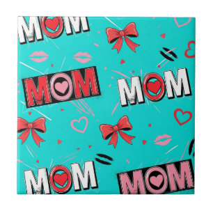 Bright Turquoise MOM Hearts Bows Pop Pattern Ceramic Tile