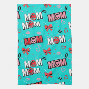 Bright Turquoise MOM Hearts Bows Pop Pattern Kitchen Towel