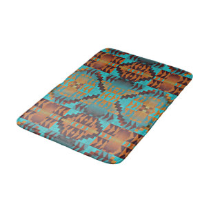 Bright Turquoise Teal Aqua Blue Orange Tribal Art Bathroom Mat