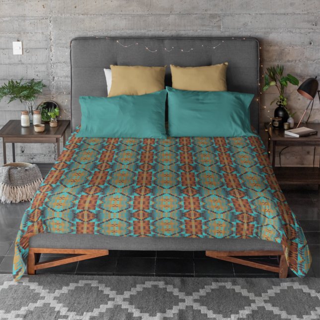 Bright Turquoise Teal Aqua Blue Orange Tribal Art Duvet Cover (Creator Uploaded)
