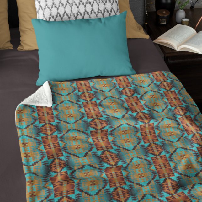 Bright Turquoise Teal Aqua Blue Orange Tribal Art Fleece Blanket (Creator Uploaded)