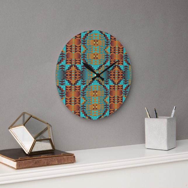 Bright Turquoise Teal Aqua Blue Orange Tribal Art Large Clock (Office)