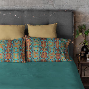 Bright Turquoise Teal Aqua Blue Orange Tribal Art Pillow Case