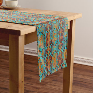 Bright Turquoise Teal Aqua Blue Orange Tribal Art Short Table Runner