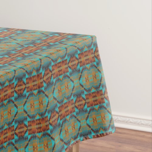 Bright Turquoise Teal Aqua Blue Orange Tribal Art Tablecloth