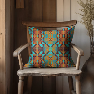 Bright Turquoise Teal Aqua Blue Orange Tribal Art Throw Pillow