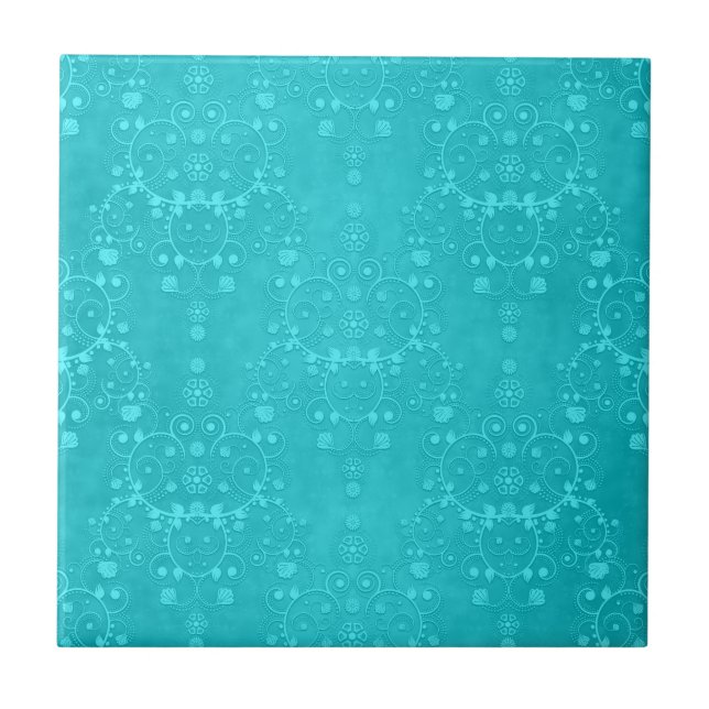 Bright Turquoise Teal Aqua Damask Pattern Ceramic Tile (Front)
