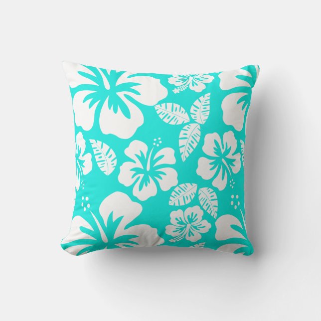 Bright Turquoise Tropical Hibiscus Throw Pillow (Front)