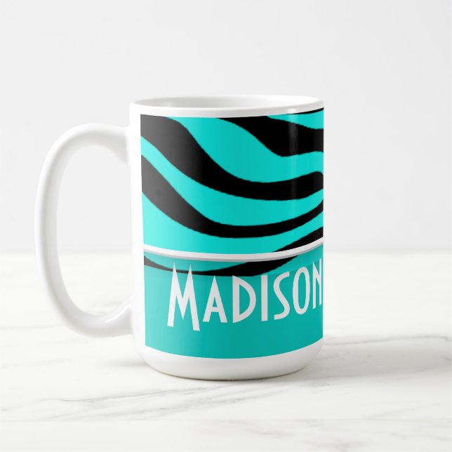 Bright Turquoise Zebra Animal Print; Personalized Coffee Mug (Left)