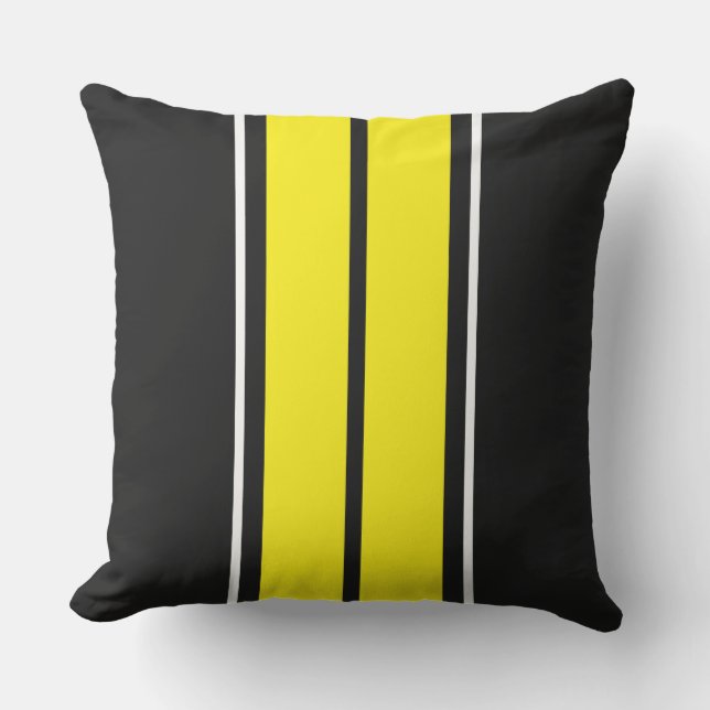 Bright Twin Yellow White Racing Stripes On Black Outdoor Pillow (Front)