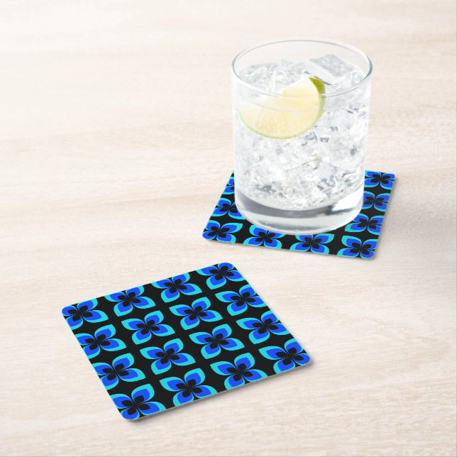 Bright Two Toned Blue Flower Pattern Square Paper Coaster (Insitu)