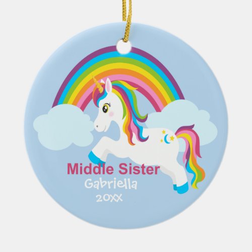 Bright Unicorn Rainbow Middle Sister Ornament