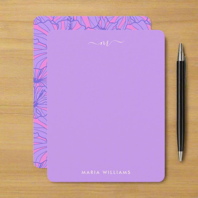 Bright Unique Girly Purple Floral Monogram Script Note Card (Creator Uploaded)