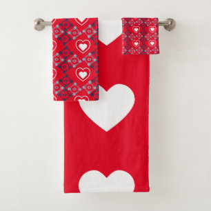Bright Valentines Hearts Pattern Red Teal Bath Towel Set