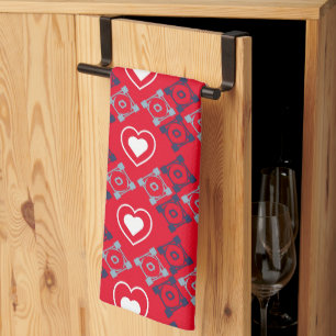 Bright Valentines Hearts Pattern Red Teal Kitchen Towel
