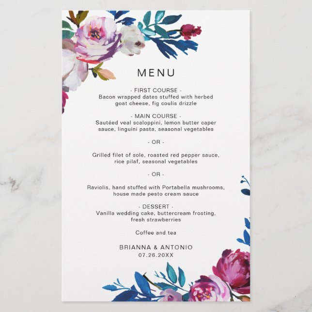 Bright Vibrant Floral Modern Budget Wedding Menu Flyer (Front)
