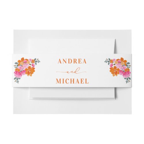 Bright Vibrant Pink  Orange Floral Summer Wedding Invitation Belly Band