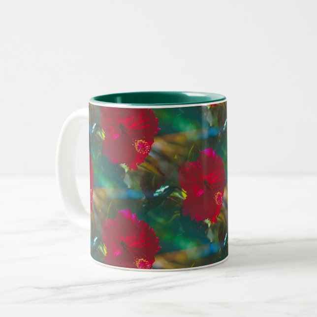 Bright Vibrant Red Tropical Hibiscus two tone mug (Front Left)