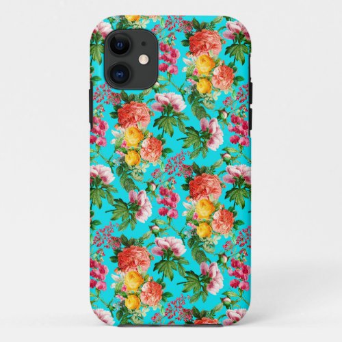 BRIGHT VINTAGE FLORAL BLOOMS ON AQUA BLUE iPhone 11 CASE