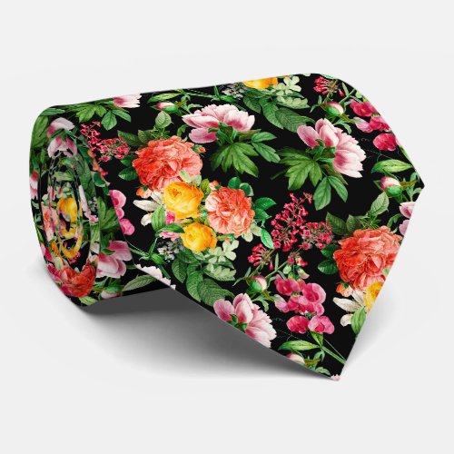 BRIGHT VINTAGE FLORAL BLOOMS ON BLACK MENS TIE