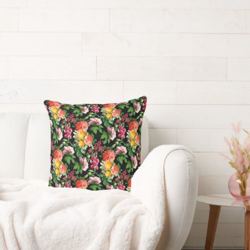 BRIGHT VINTAGE FLORAL BLOOMS ON BLACK THROW PILLOW