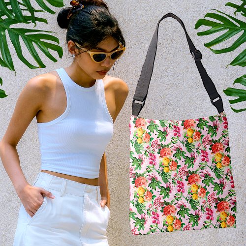 BRIGHT VINTAGE FLORAL BLOOMS ON BLUSH PINK CROSSBODY BAG