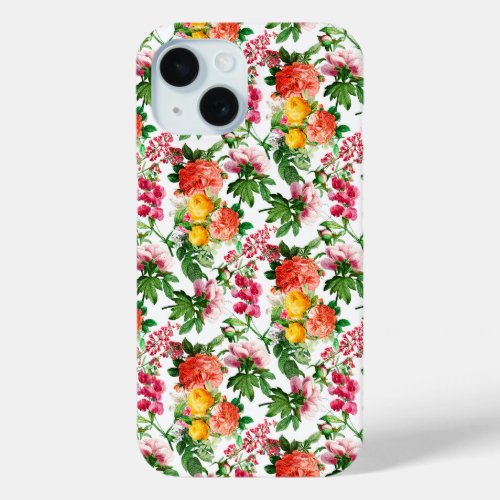 BRIGHT VINTAGE FLORAL BLOOMS ON WHITE iPhone 15 CASE