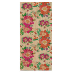 Bright Vintage Floral Pattern Wood Flash Drive