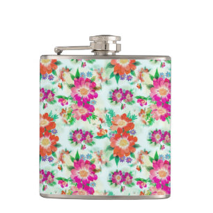 Bright Vintage Floral Pink and Red Flowers Flask