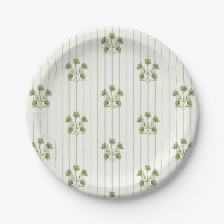 Bright Vintage Green Flower Stripes Paper Plates