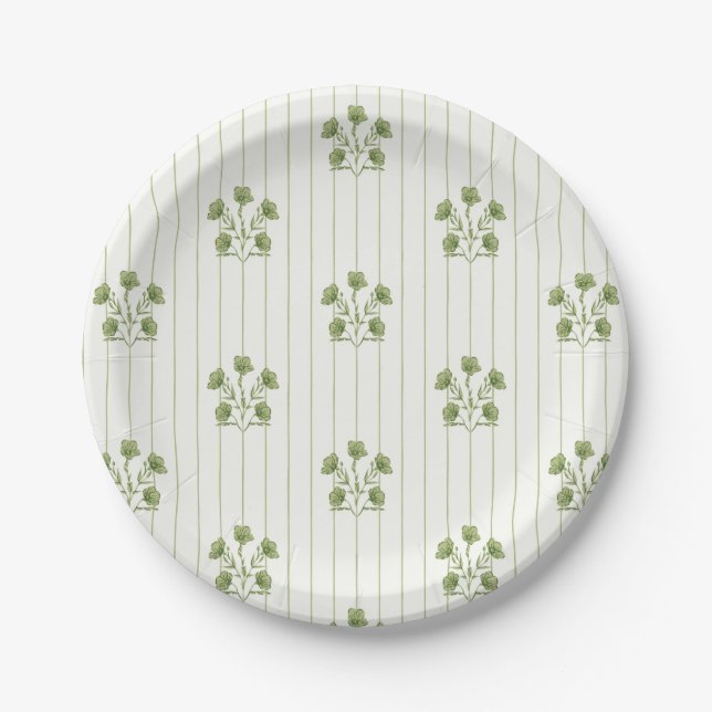 Bright Vintage Green Flower Stripes Paper Plates (Front)