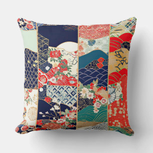 Bright Vintage Japanese Kimono Patchwork Throw Pillow