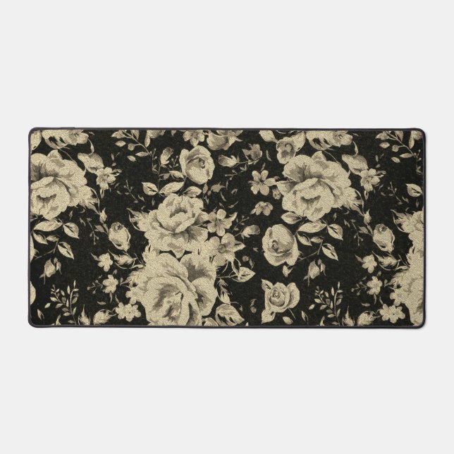 Bright vintage oil flowers on black   desk mat (Front)
